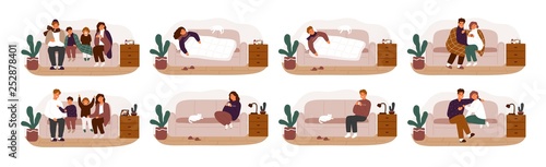 Collection of ill or sick and recovered people on sofa or couch. Bundle of adults and children having influenza, common cold or infection and recovering. Vector illustration in flat cartoon style.