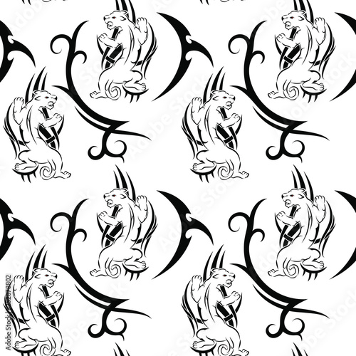 Black tribal panther with red eyes tattoo seamless pattern on white background for fabric print, cloth, textile or wrapping paper. Vector backdrop illustration