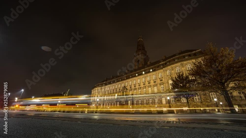 Timelapse Night shot of the Danish parliament Christiansborg in Copenhagen.
