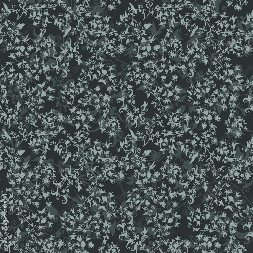 Hand drawn flower seamless pattern. Light gray floral backdrop tracery on dark gray background, vector illustration Hand drawn flower seamless pattern. Light gray floral backdrop tracery on dark gray background, vector illustration
