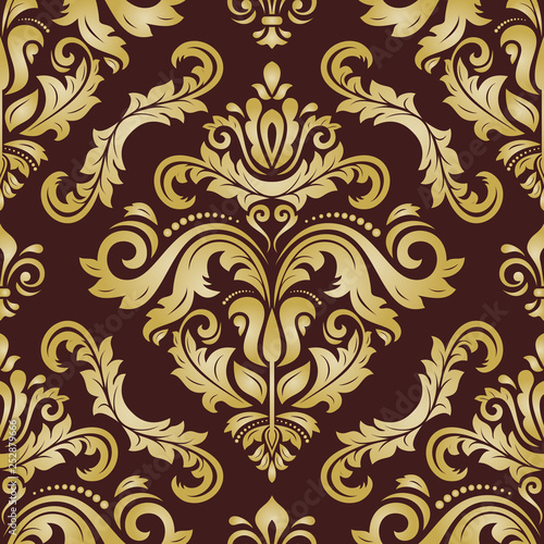 Classic seamless vector pattern. Damask orient ornament. Classic vintage brown and golden background. Orient ornament for fabric, wallpaper and packaging