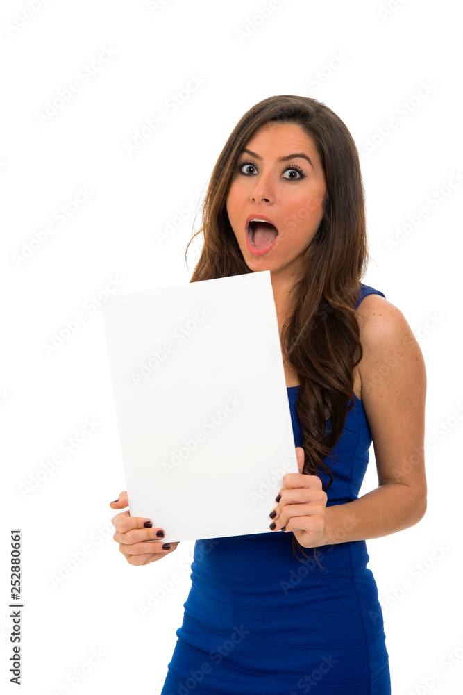 young woman holding sign business board. isolated portrait of casual dressed woman. young woman holding sign business board. isolated portrait of casual dressed woman.