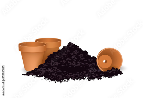 Terrakotta Blumentöpfe und Erdhaufen, Leere und neue Tontöpfe Set mit Humus Erde, Vektor Illustration isoliert auf weißem Hintergrund