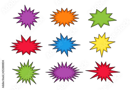 Starburst set, retro comic speech bubbles. Vector boom or explosion empty speech bubbles, bursting splash shapes, vintage illustration, special offer sale tag design in pop art style