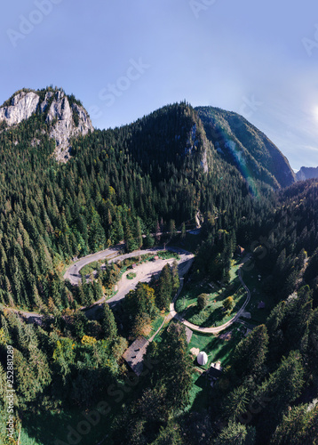 Aerial view Bicaz Gorge panorama in the Carpathian Mountains near Hasmas and Ceahlau National Parc. Big size panorama, travel to Europe, vacation concept, vertical photo. Romania