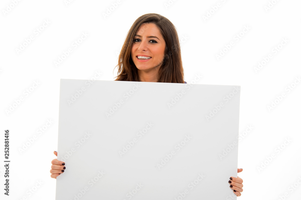 young woman holding sign business board. isolated portrait of casual dressed woman. young woman holding sign business board. isolated portrait of casual dressed woman.