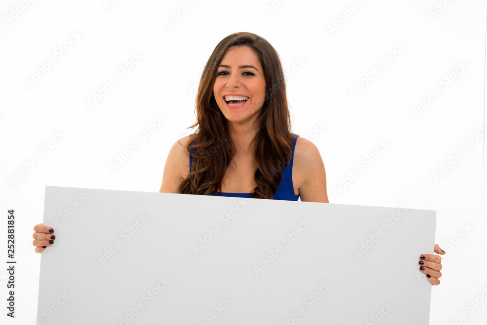 young woman holding sign business board. isolated portrait of casual dressed woman. young woman holding sign business board. isolated portrait of casual dressed woman.
