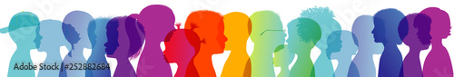 Rainbow group of modern children in colorful silhouette profile. Communication between multi-ethnic children. Children talking. Colored heads. Multiple exposure