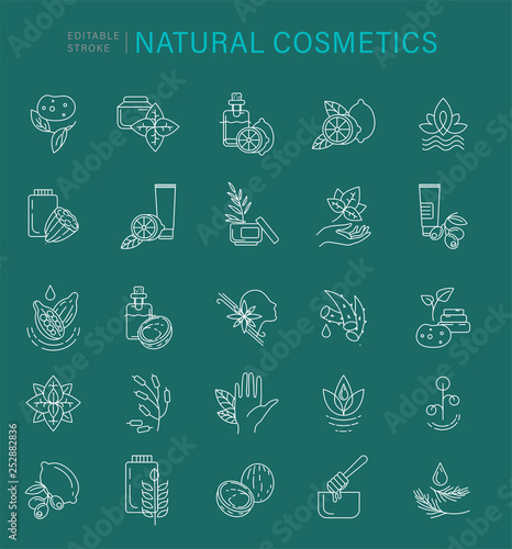 Vector icon and logo for natural cosmetics and care dry skin. Editable outline stroke size. Line flat contour, thin and linear design. Simple icons. Concept illustration. Sign, symbol, element.