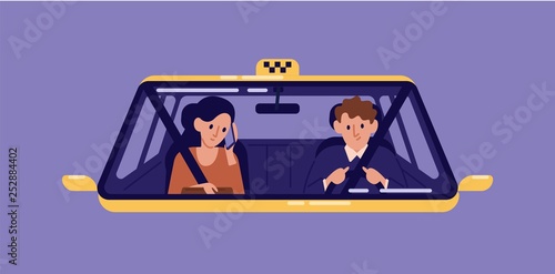 Taxi driver and young woman sitting in front seat and talking on mobile phone in cab seen through windshield. Girl with smartphone using automobile service. Flat cartoon colorful vector illustration.