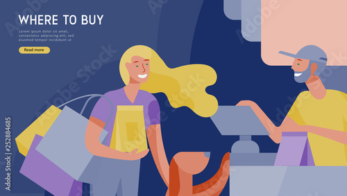 People Shopping in supermarket. Woman in supermarket with cashier, where to buy concept of customer and shop assistant. Selling interaction, purchasing process. Creative landing page design template