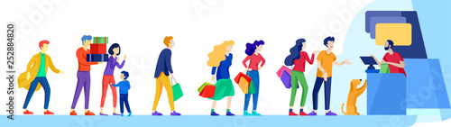 Angry People queue in supermarket with cashier, where to buy concept of shop assistant. Selling interaction, purchasing process. Dissatisfied and tired customer scream and swear