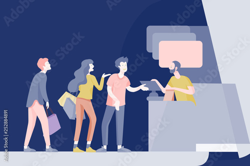 Angry People queue in supermarket with cashier, where to buy concept of shop assistant. Selling interaction, purchasing process. Dissatisfied and tired customer scream and swear