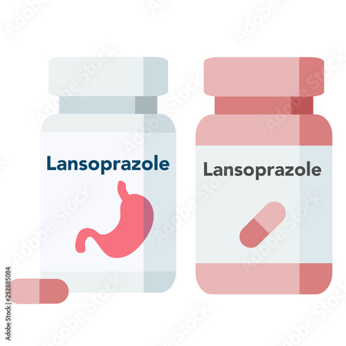 Bottle of pills, lansoprazole is a medication which inhibits the stomach's production of gastric acid.
