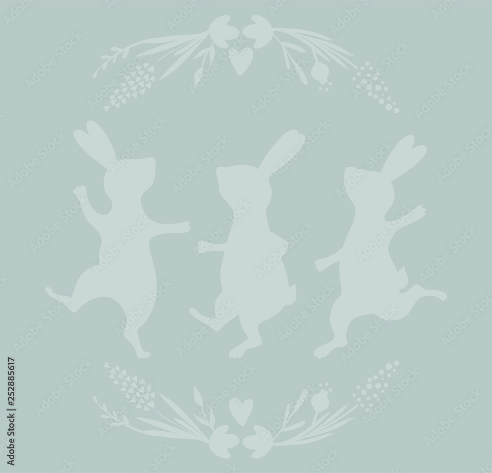 Collection of Easter Bunny characters from different poses. Happy running and dancing bunnies. Flower frame. Grey silhouette