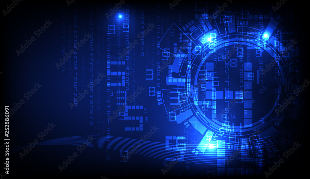 Technology background, User interface with blue lights and various shapes of digits Technology background, User interface with blue lights and various shapes of digits