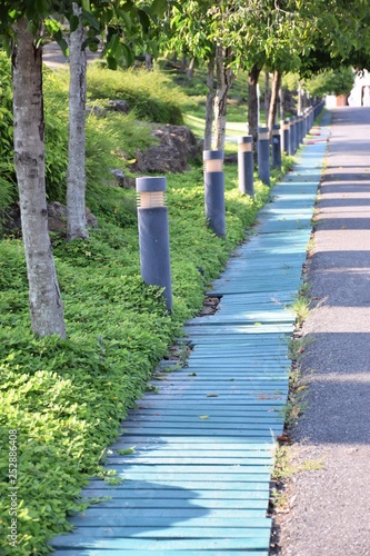 Sky blue wooden walk way 
