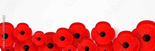 Remembrance, Anzac Day web header. Poppies flowers. Memorial banner, card.