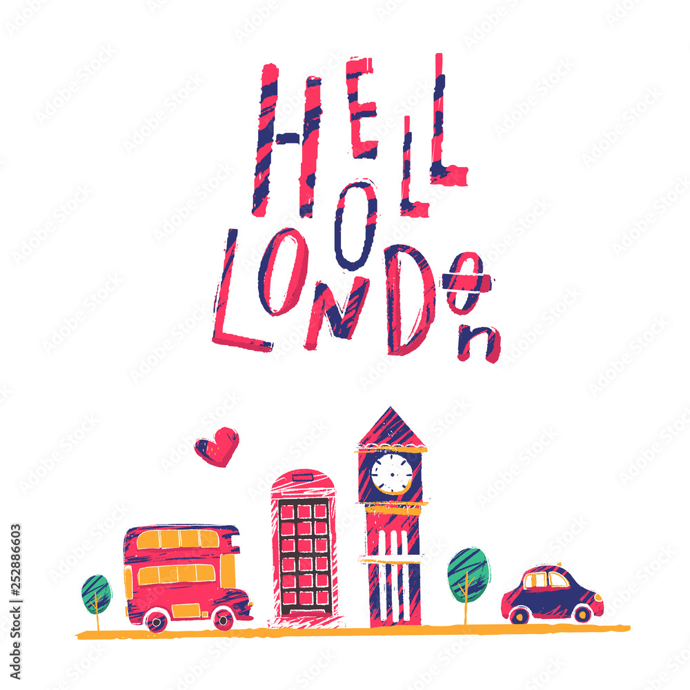 Naklejka premium Hollo London poster illustration with bus, taxi, cityscape landscape for t shirt