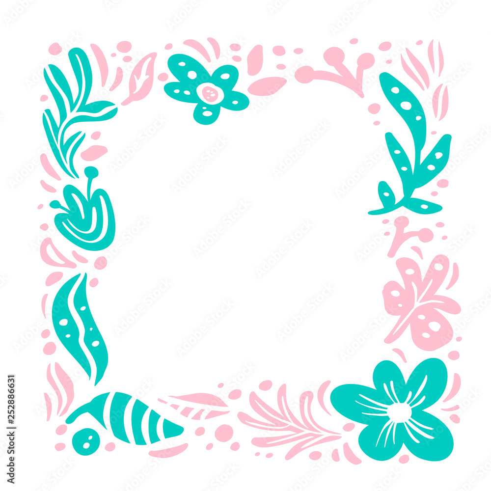 Summer vector floral frame tropical composition with place for text. Color scandinavian design elements for print, greeting card. isolated illustration on white background