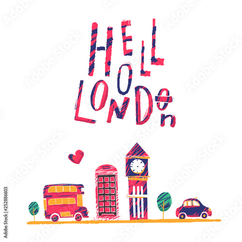 Hollo London poster illustration with bus, taxi, cityscape landscape for t shirt