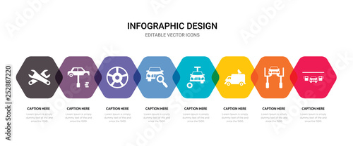 simple set of car in a gas station, repairing car, truck with an antenna on it, changing car tire icons, contains such as icons car front in magnifier glass, cart wheel, tire change, repair wrenches