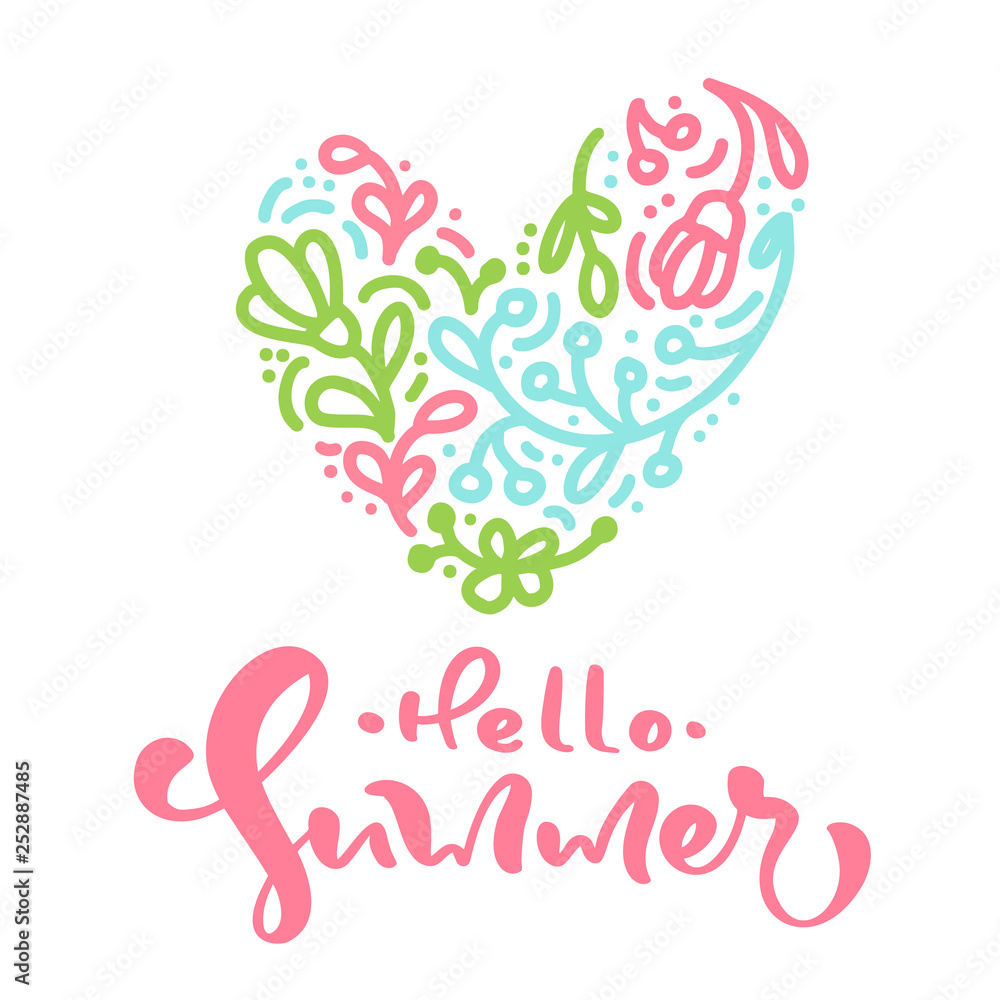 Scandinavian calligraphy lettering text Hello Summer with floral heart. Vector Hand Drawn illustration composition Isolated. sketch doodle design for greeting card, print Scandinavian calligraphy lettering text Hello Summer with floral heart. Vector Hand Drawn illustration composition Isolated. sketch doodle design for greeting card, print