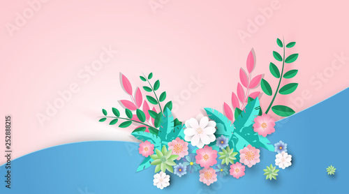 Spring sale background banner paper flower Paper art style.