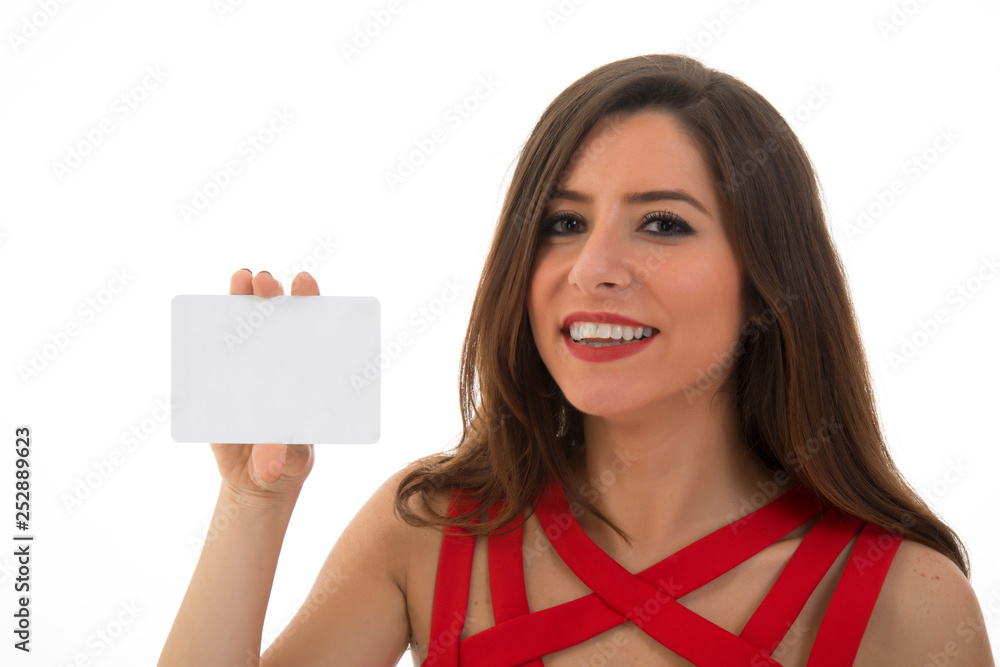 Beautiful young business woman holding empty ID card Beautiful young business woman holding empty ID card