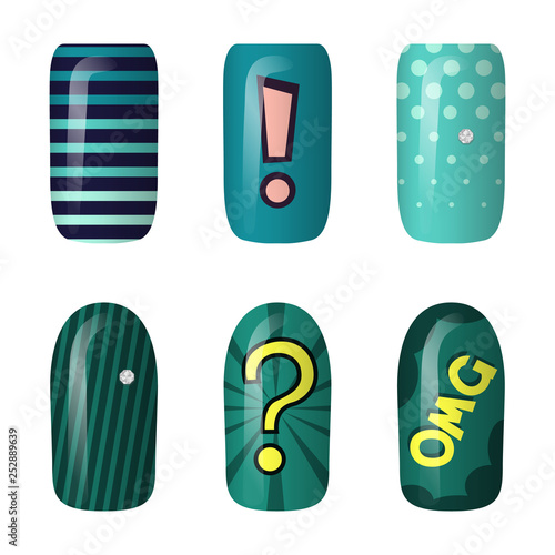set of colored painted pop art nail stickers. Neon manicure art. nail polish. isolated on a dark background