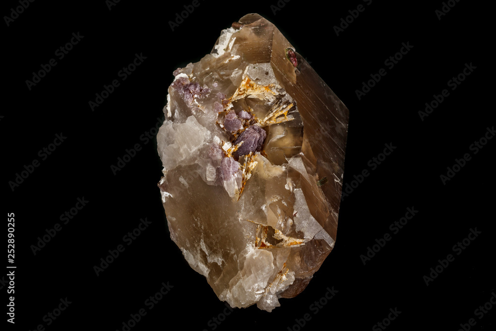 Macro mineral quartz mineral Tourmaline on Lepidolite black background Macro mineral quartz mineral Tourmaline on Lepidolite black background