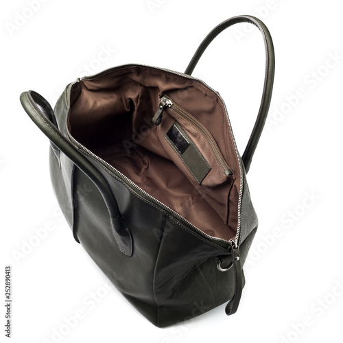 An open  black leathe  bag isolated