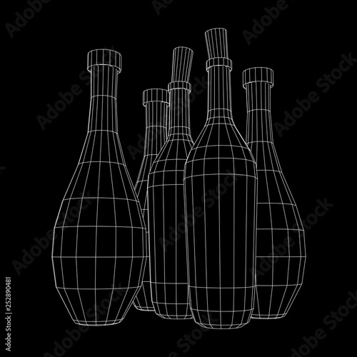 Set of wine bottles. Model wireframe low poly mesh vector illustration