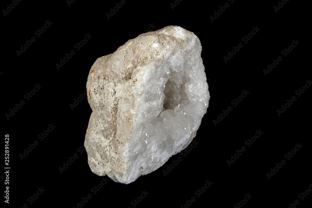 Macro mineral stone Quartz geode black background Macro mineral stone Quartz geode black background