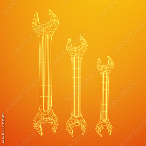 Wrench. Spanner repair tool. Mechanic or engineer instruments. Support service wireframe low poly mesh vector illustration