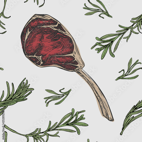 Vector seamless pattern with hand drawn raw beef rib and rosemary branches. Engraved pattern design with spices and meat cuts for steak house, restaurant and farm market packaging on gray background.