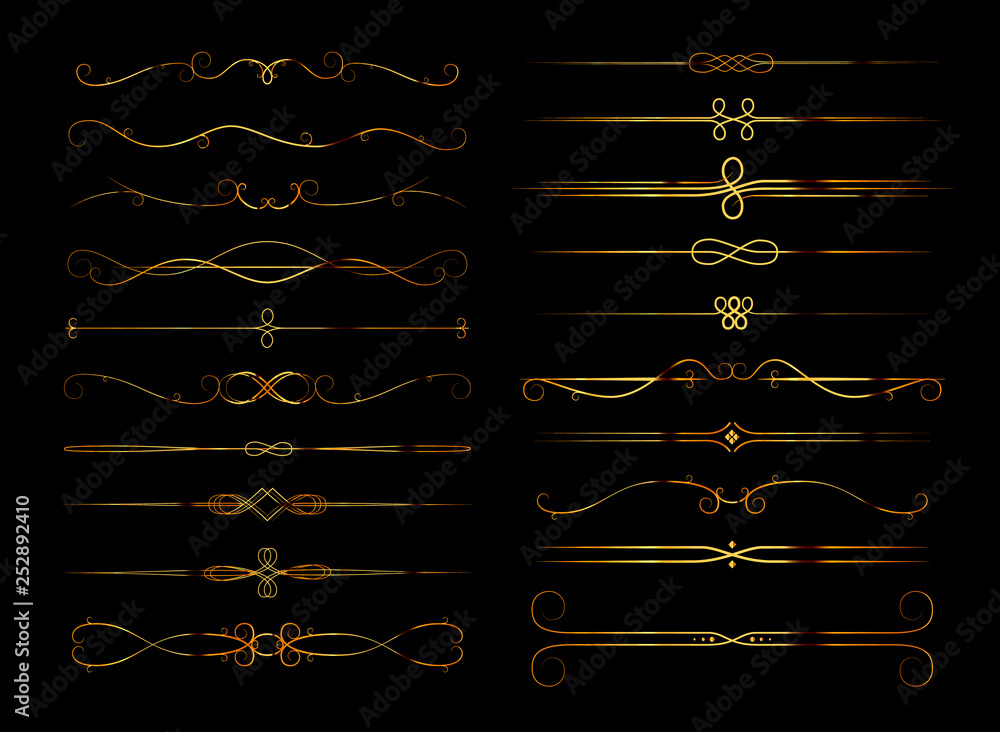 Fototapeta premium Set of retro calligraphic page dividers in gold colour, page decoration vignettes on dark