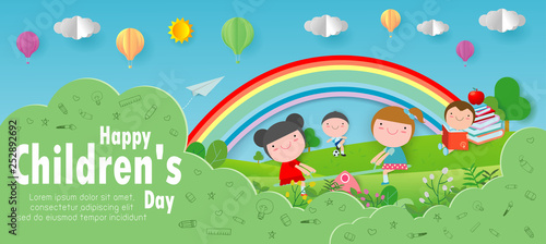 Happy children's day background, Paper cut and craft style. Paper art style, you text, Origami Vector illustration. 