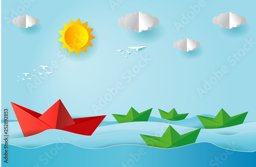 origami boat sailing in the ocean, paper art and digital craft style, leadership concept, flat Vector illustration.