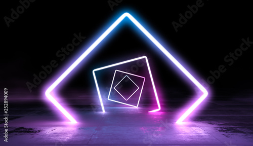 Glowing lines vibrant colors tunnel abstract background. Neon pink blue lights in empty space with smoke. 3d render.