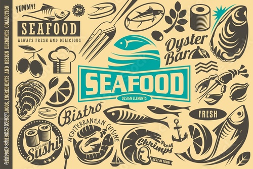 Seafood restaurant design elements collection. Fish, oyster, lobster, shrimp, sushi, olive, tuna, citrus and other vector graphics suitable for symbols, logos, icons, emblems and menus.