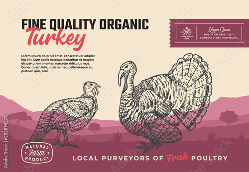 Fine Quality Organic Poultry. Abstract Vector Meat Packaging Design or Label. Modern Typography and Hand Drawn Turkey Silhouettes. Rural Pasture Landscape Background Layout with Banner