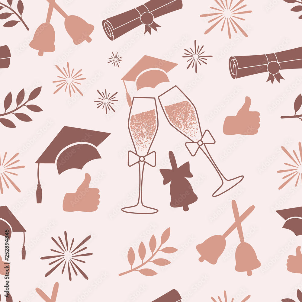 Seamless graduation pattern. Class of background. Vector illustration with graduate attributes in rose blush colors Seamless graduation pattern. Class of background. Vector illustration with graduate attributes in rose blush colors