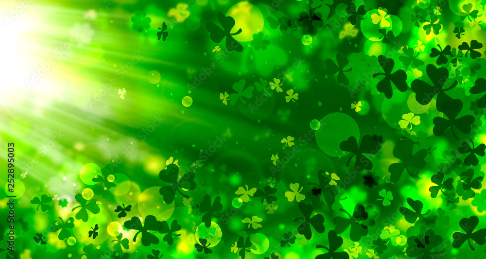 Green background for St. Patrick's day, spring background, bright, bokeh, Shamrock, rays, light effect, beautiful, design, St. Patrick, holiday Green background for St. Patrick's day, spring background, bright, bokeh, Shamrock, rays, light effect, beautiful, design, St. Patrick, holiday