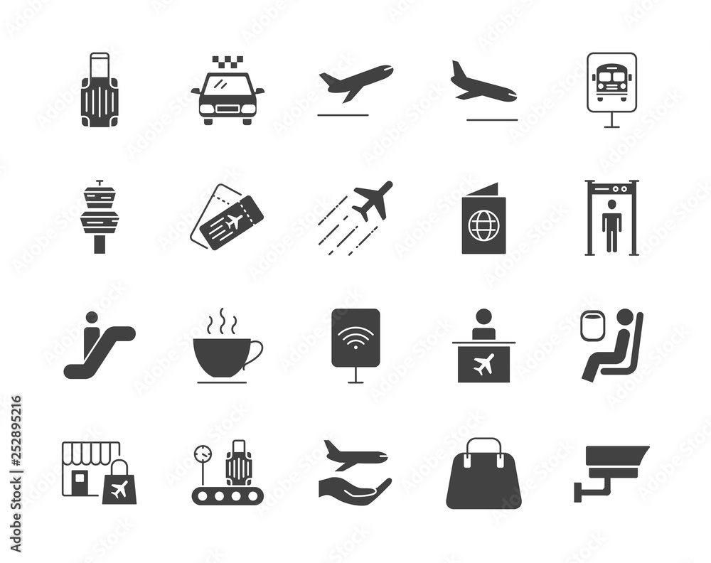 Airport set of vector icons silhouettes
