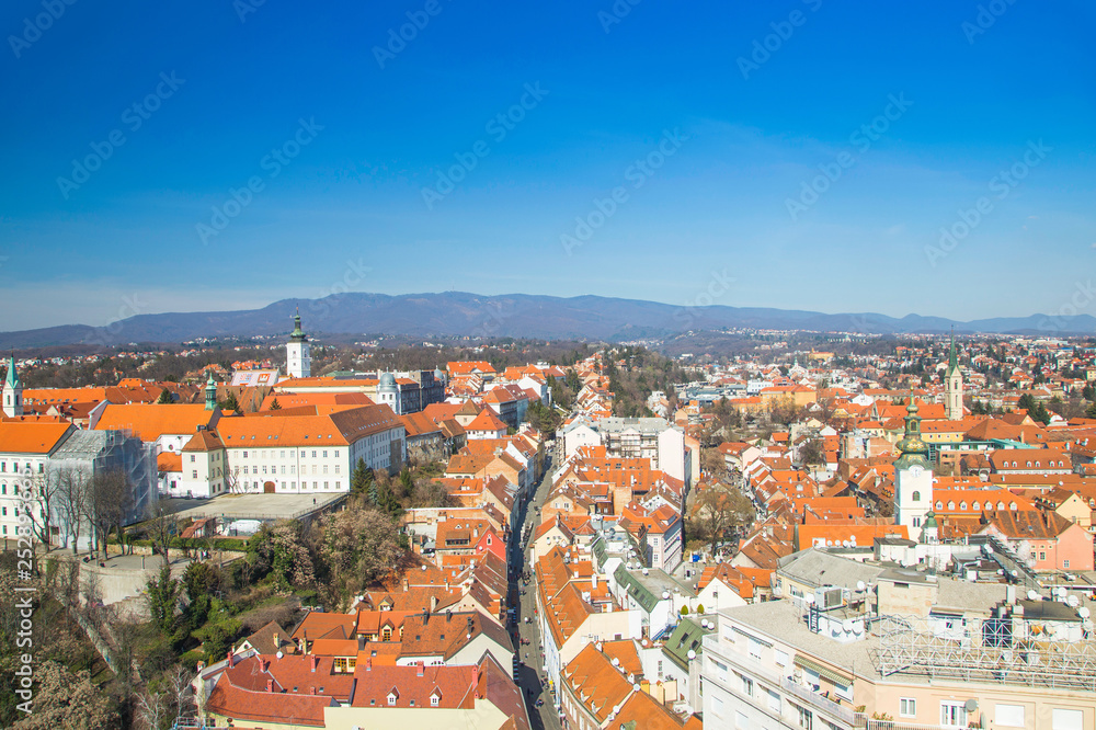 Aerial view of historic upper town in Zagreb, capital of Croatia and Medvednica mountain in background