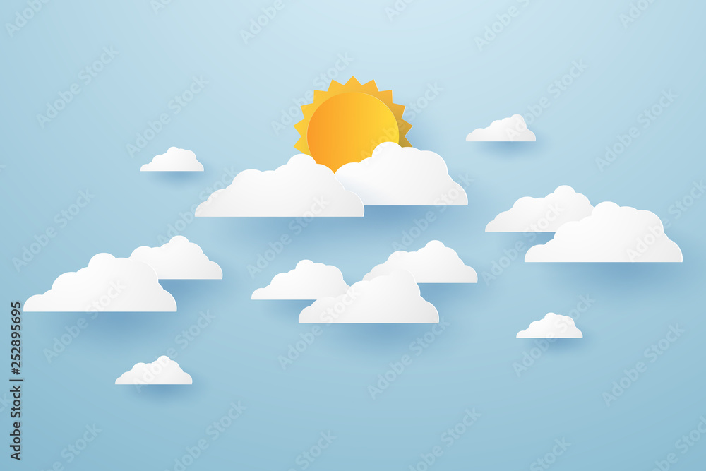Cloudscape , blue sky with cloud and sun , paper art style Stock Vector ...