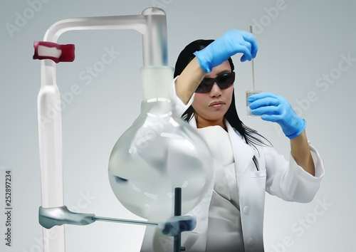 Female Woman Scientist Using Pipette in Laboratory Behind Laboratory Glassware - Isolated Illustration, Vector