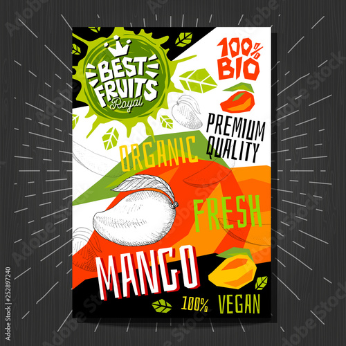 Food labels stickers set colorful sketch style fruits, spices vegetables package design. Mango. Organic, fresh, bio, eco. Hand drawn vector illustration.