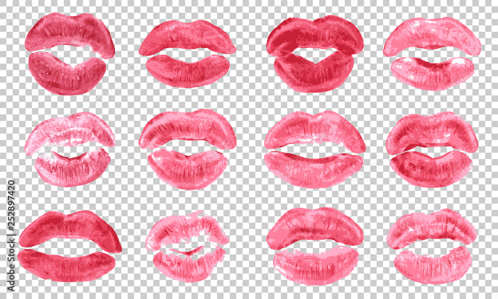 Grafika wektorowa Stock: Lipstick kiss print isolated vector set pink red  coral lips set different shapes female sexy lips makeup kiss mouth girl  female print of lipstick kiss vector transparent background.